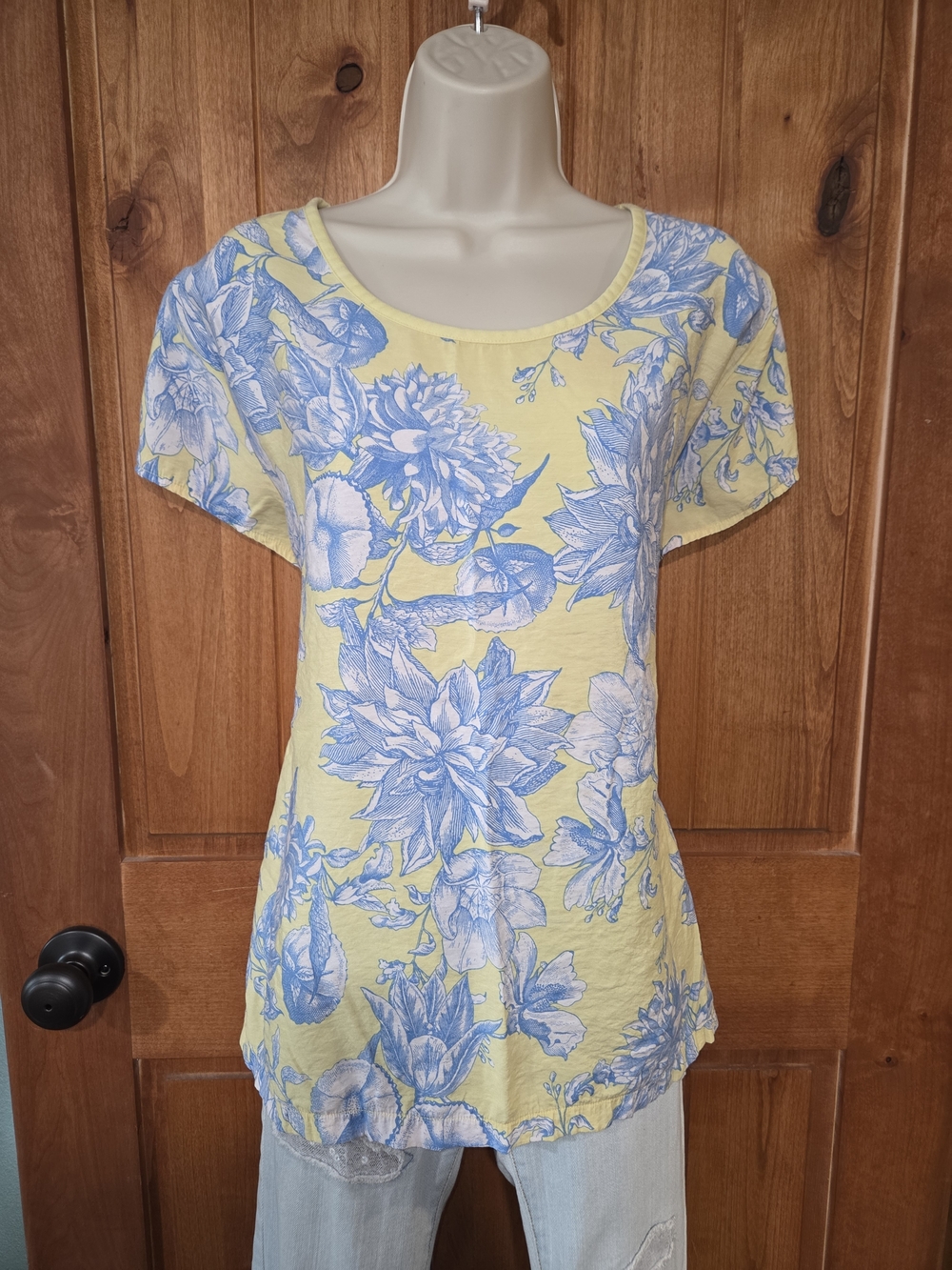 Van Heusen Yellow Scoop-Neck Top with Blue Floral‎ Print